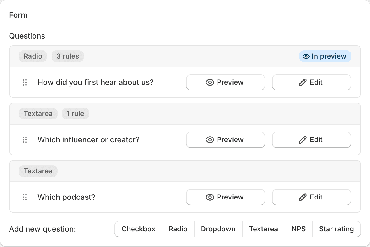 The survey editor: three questions with their type and number of rules, Preview and Edit buttons, and buttons to add a checkbox, radio, dropdown, textarea, NPS or star rating question