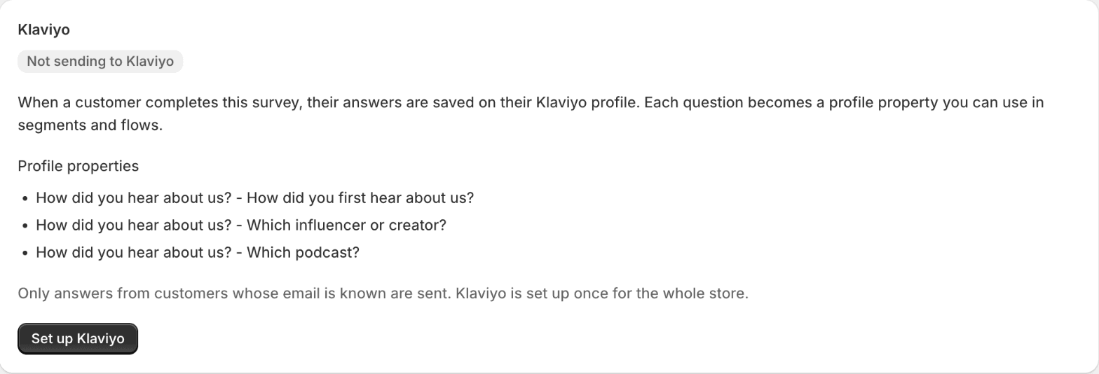 The Klaviyo card on a survey’s integrations page: each question becomes a profile property on the customer’s Klaviyo profile